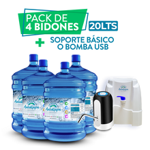 Cargar imagen en el visor de la galería, Pack 20 lts- 4 bidones de Agua + soporte o bomba