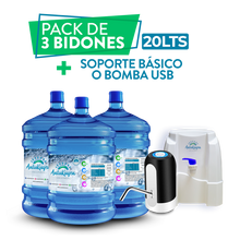 Cargar imagen en el visor de la galería, Pack 20 lts- 3 bidones de Agua + soporte o bomba