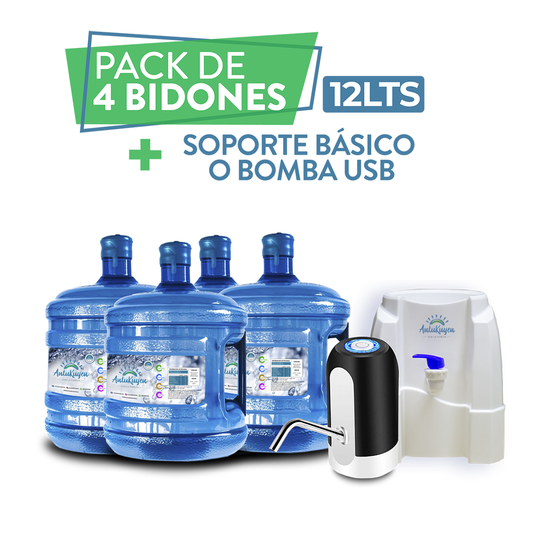 Pack 12 lts- 4 bidones de Agua + soporte o bomba