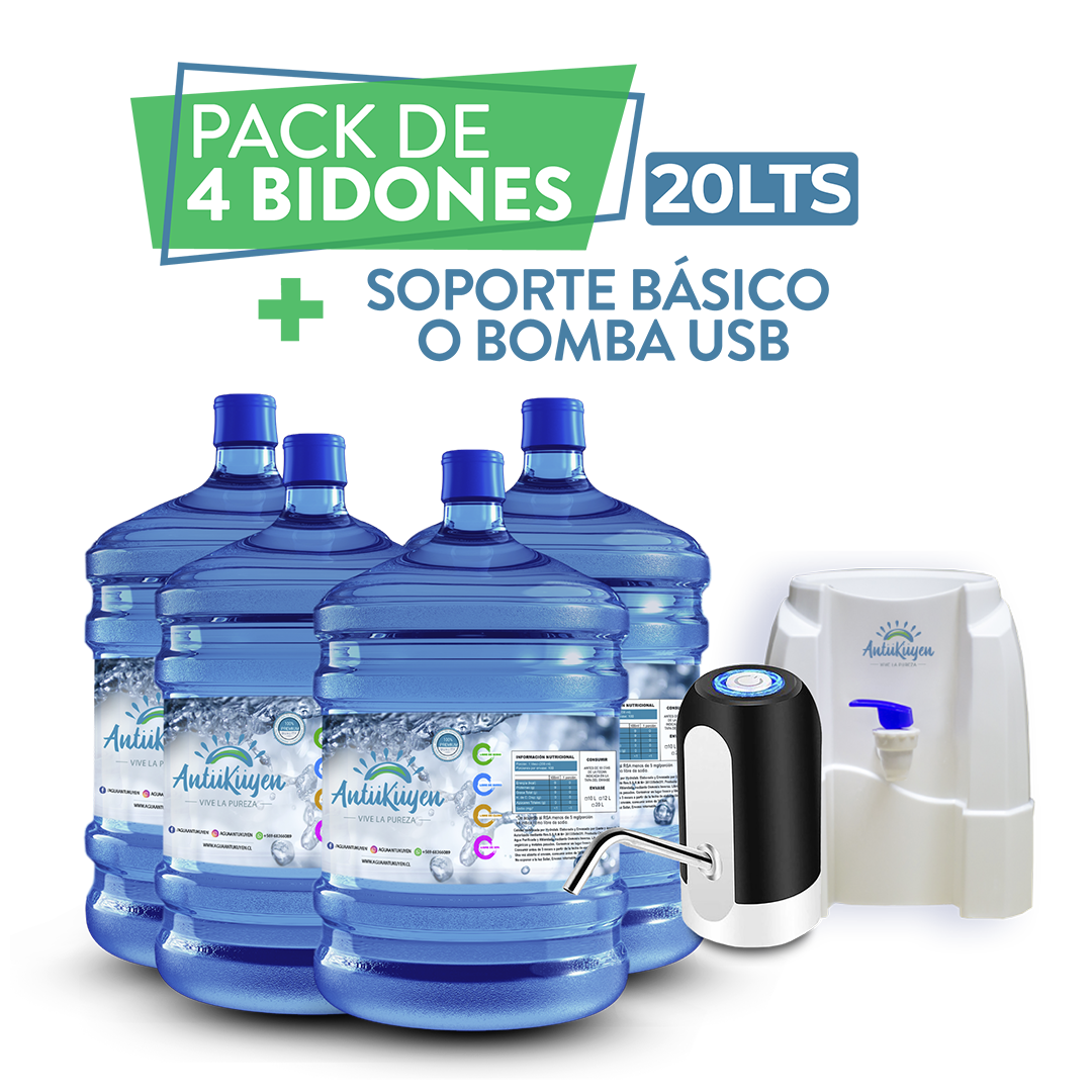 Pack 20 lts- 4 bidones de Agua + soporte o bomba