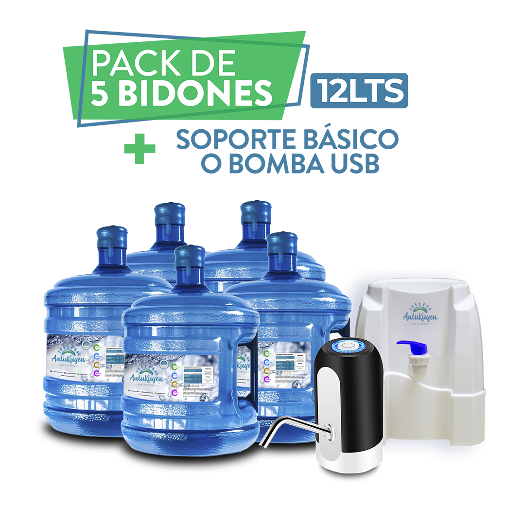 Pack 5 bidones de Agua 12 lts + soporte o bomba