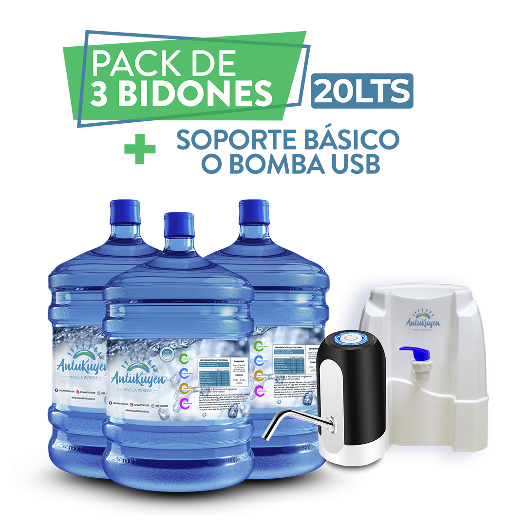 Pack 20 lts- 3 bidones de Agua + soporte o bomba